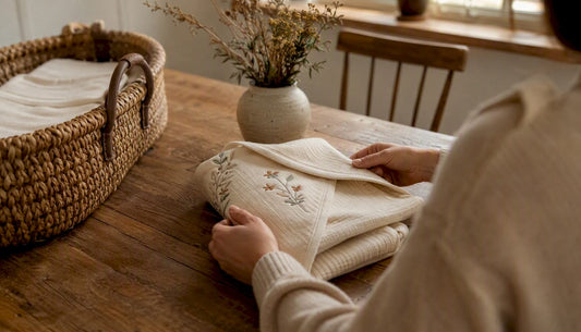 Hands wrapping newborn gift in personalised cotton fabric