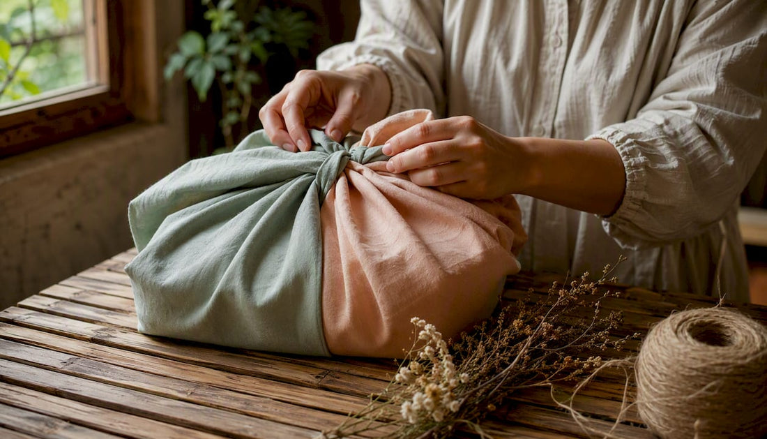 Hands wrapping twin gifts in fabric wrap