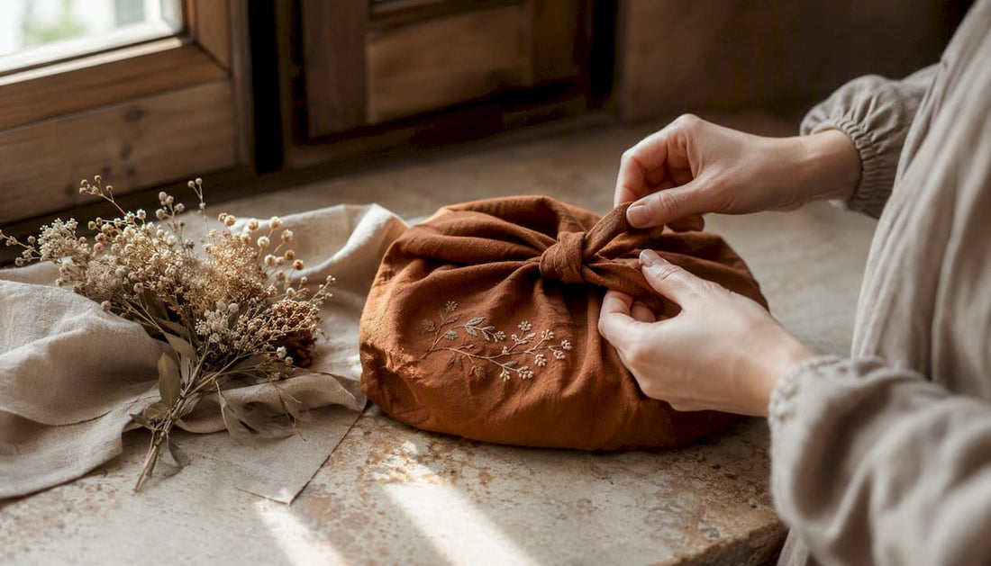 Hands unwrapping personalised fabric gift wrap