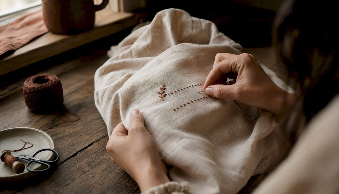 Hands embroidering personalised baby fabric wrap