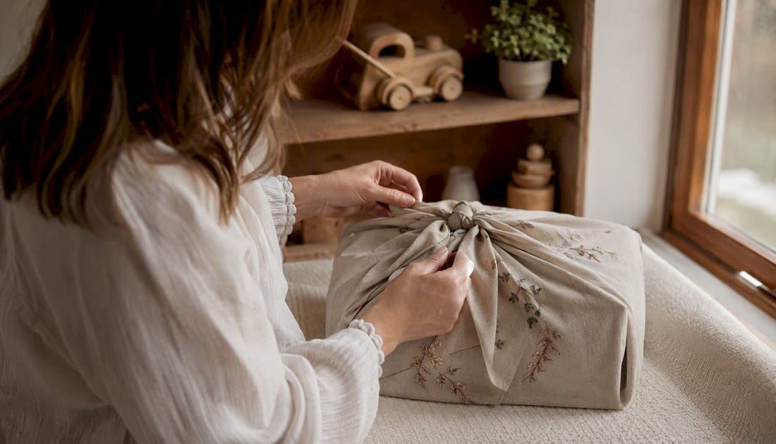 Hands tying embroidered fabric gift wrap