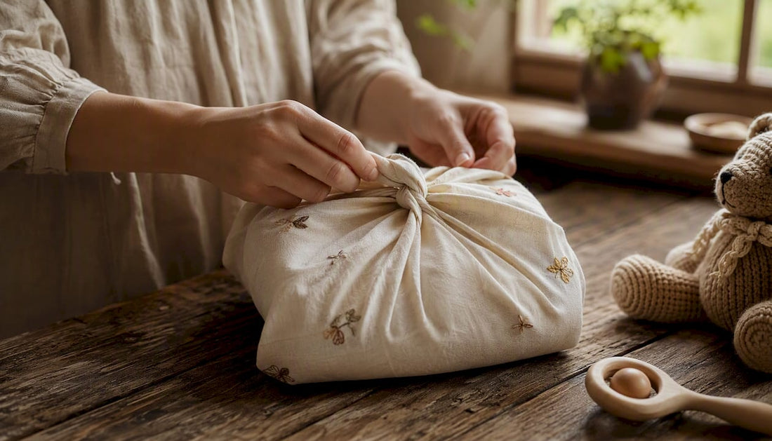 Hands wrapping newborn gift in embroidered fabric