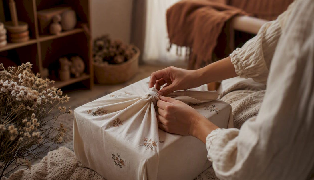 Hands tying personalised fabric wrap on baby gift