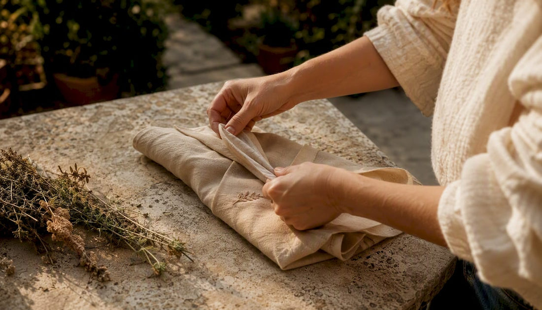 Hands tying embroidered eco baby gift wrap