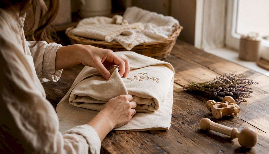 Hands folding embroidered fabric gift wrap