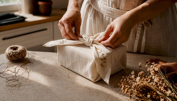 Hands tying fabric gift wrap on baby gift