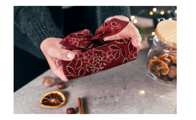 reusable fabric gift wrap - gilded christmas blooms. red - hand across