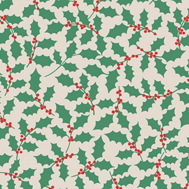 A luxury reusable fabric gift wrap with a holly pattern, featuring red berries and green leaves on a white background, eco friendly, personalised through embroidery 