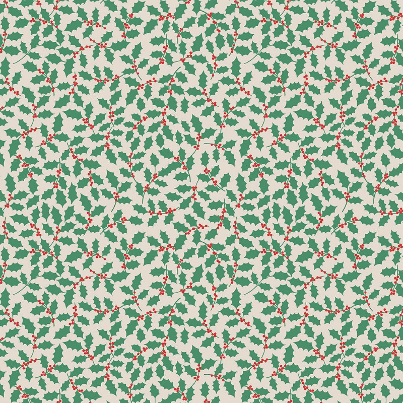 A luxury reusable fabric gift wrap with a holly pattern, featuring red berries and green leaves on a white background, eco friendly, personalised through embroidery 