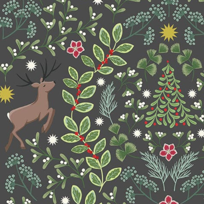 A fabric gift wrap with a festive winter design, featuring reindeer and snowflakes pattern. 
Luxury, eco-friendly, embroidery personalisation 