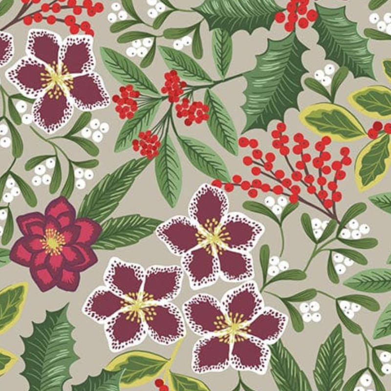 A fabric gift wrap with a festive floral design featuring crimson leaves and glistening berries against a grey background. Luxury, eco-friendly, embroidery personalisation  