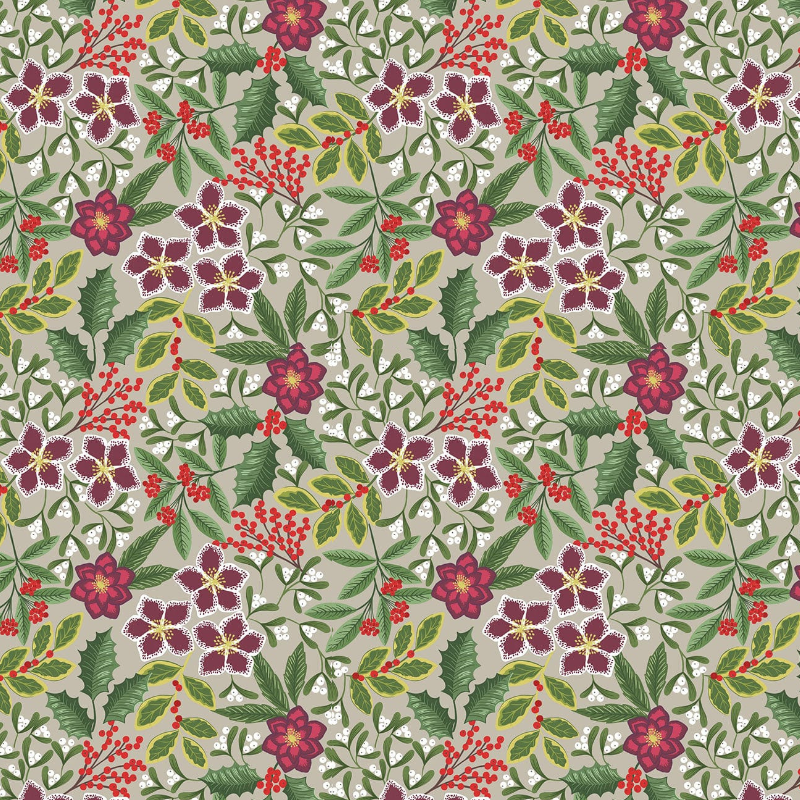 A fabric gift wrap with a festive floral design featuring crimson leaves and glistening berries against a grey background. Luxury, eco-friendly, embroidery personalisation  
