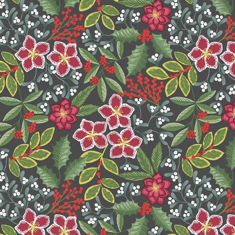 A fabric gift wrap with a floral pattern featuring crimson leaves, winter foliage, and blooming flowers. Luxury, eco-friendly, embroidery personalisation   