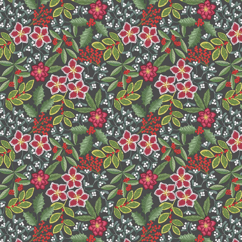 A fabric gift wrap with a floral pattern featuring crimson leaves, winter foliage, and blooming flowers. Luxury, eco-friendly, embroidery personalisation   