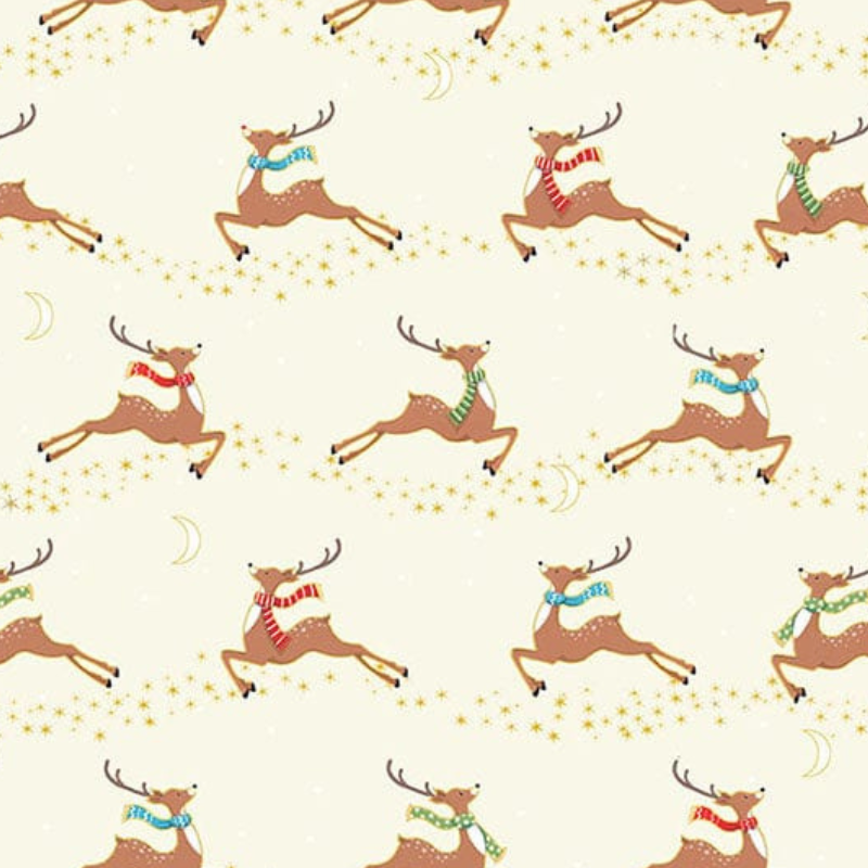 A reusable fabric gift wrap with a reindeer and snow design. Luxury, eco-friendly, embroidery personalisation 