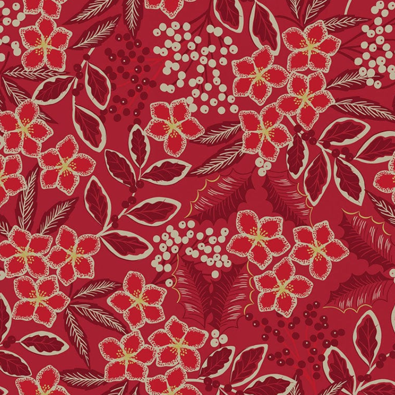 A fabric gift wrap with a Christmas-themed floral pattern, featuring red and green colours and gold accents. Luxury, eco-friendly, embroidery personalisation   