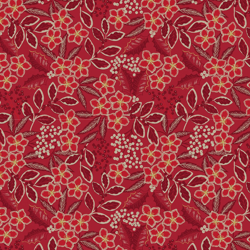 A fabric gift wrap with a Christmas-themed floral pattern, featuring red and green colours and gold accents. Luxury, eco-friendly, embroidery personalisation   