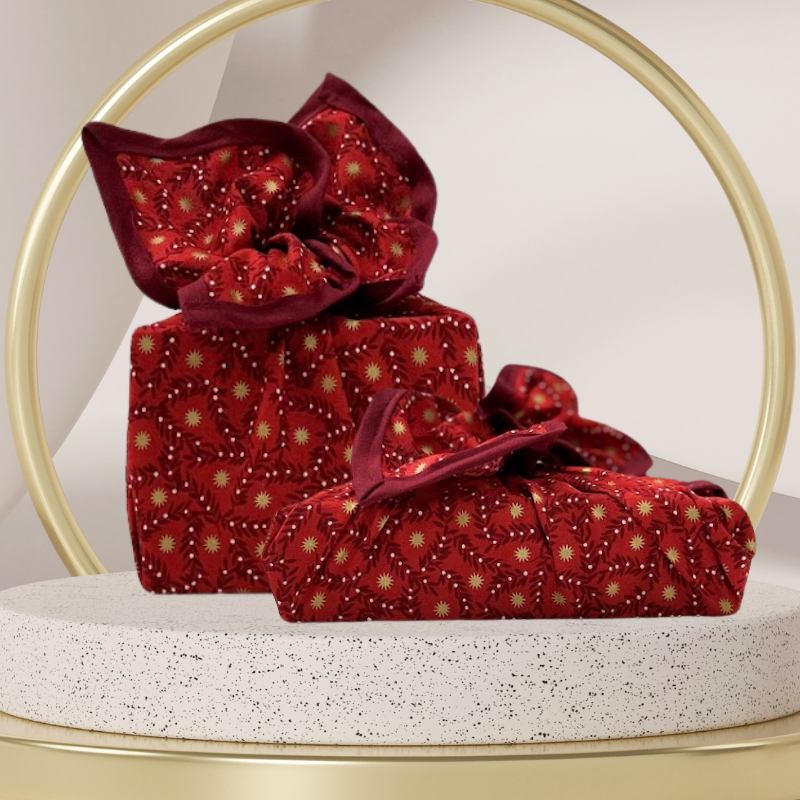 Reusable Fabric gift wrap with a festive star pattern, Luxury, eco-friendly, embroidery personalisation 