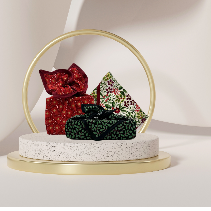 Reusable Fabric gift wrap with a festive star pattern, Luxury, eco-friendly, embroidery personalisation 