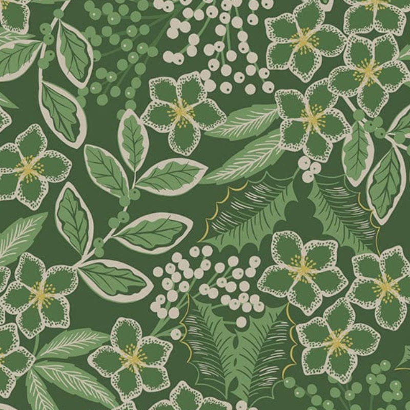 Fabric gift wrap with a winter garden theme, featuring floral patterns including evergreen leaves and berries. Luxury, eco-friendly, embroidery personalisation 