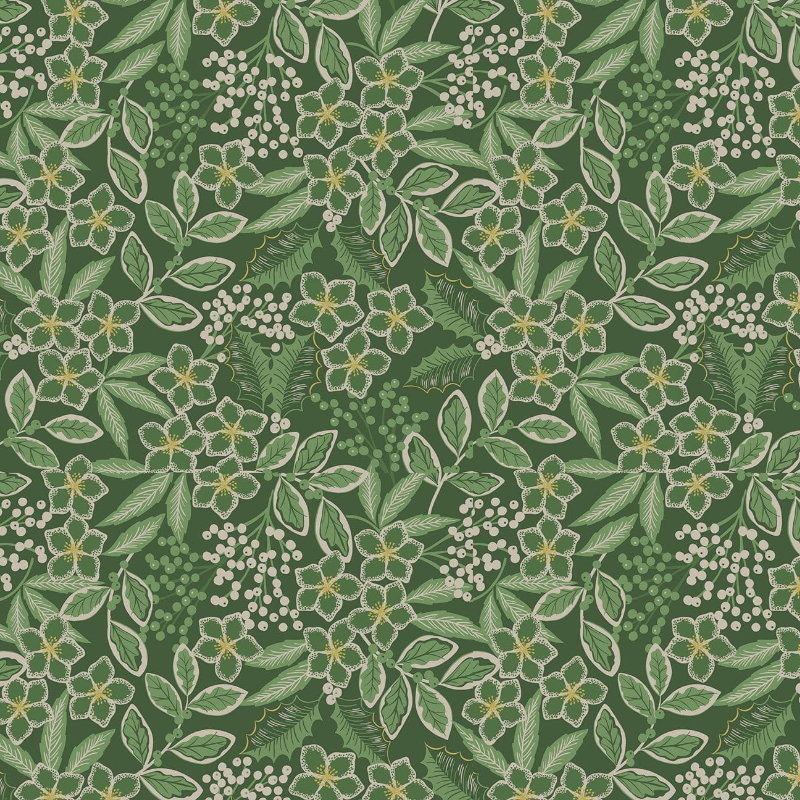 Fabric gift wrap with a winter garden theme, featuring floral patterns including evergreen leaves and berries. Luxury, eco-friendly, embroidery personalisation 