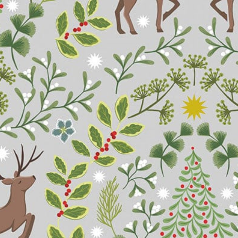 A reusable fabric gift wrap with a Christmas-themed design featuring reindeer, snowflakes, evergreen trees, and floral detail.
Luxury, eco-friendly, embroidery personalisation 
