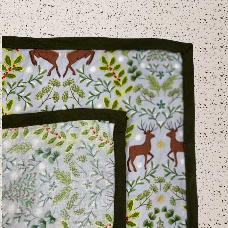 A reusable fabric gift wrap with a Christmas-themed design featuring reindeer, snowflakes, evergreen trees, and floral detail.
Luxury, eco-friendly, embroidery personalisation 